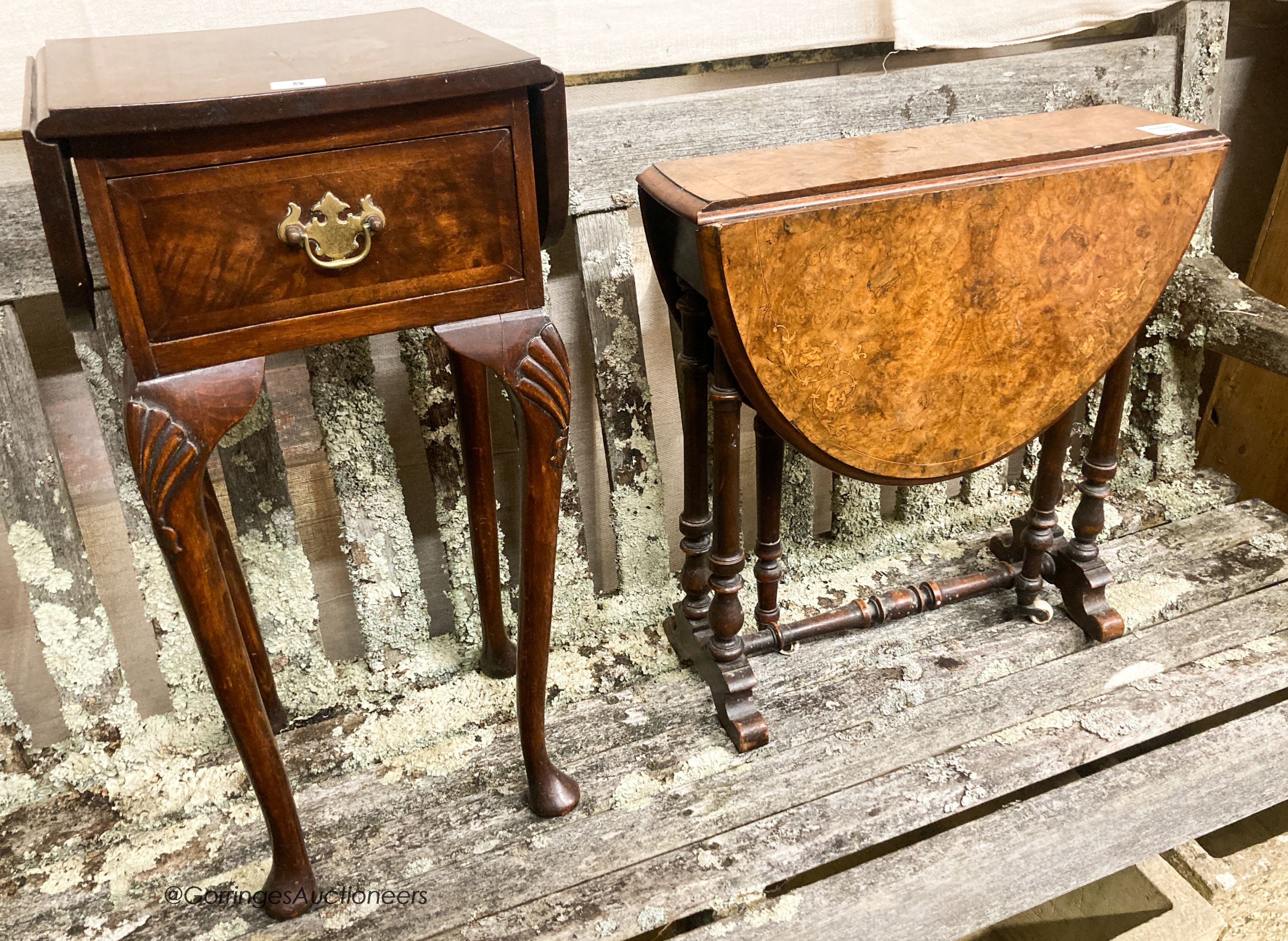 A Victorian walnut Sutherland table, W.52cm H.54cm together with a Queen Anne revival walnut drop flap bedside table